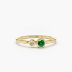 Gold Bezel Setting Emerald and Diamond Silver Ring