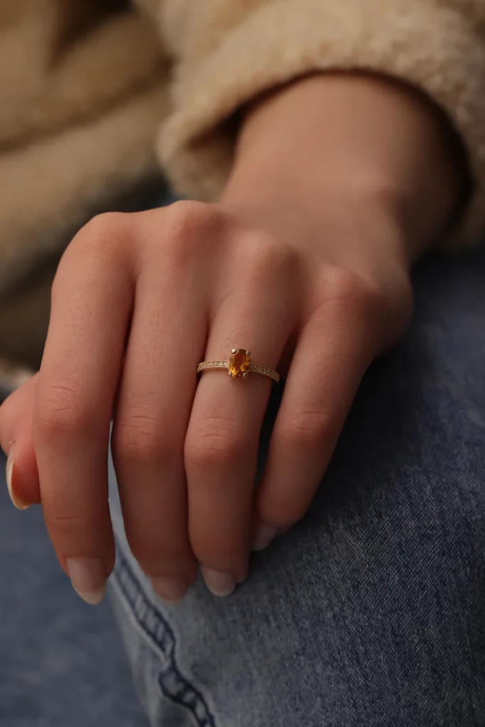 Orange Stone & CZ Diamond Silver Ring