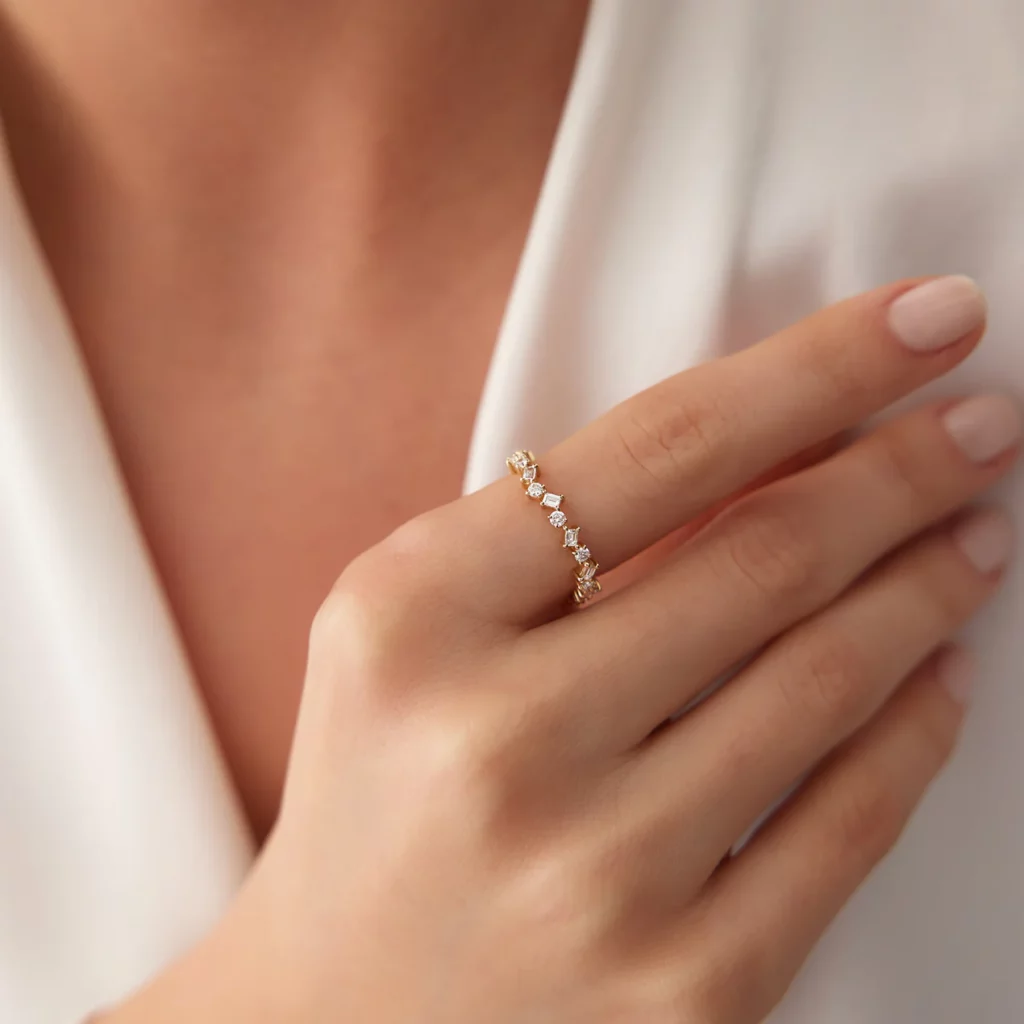 Swarish Jewels Baguette and Round Diamond Full Eternity Silver Ring