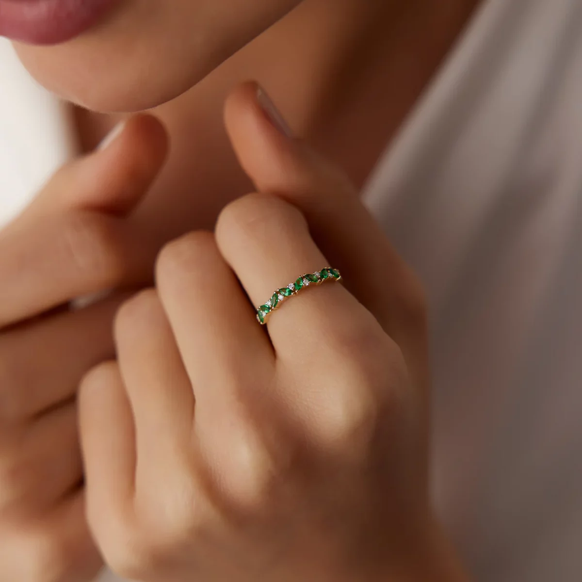 Slanted Emerald and Round Diamond Silver Ring