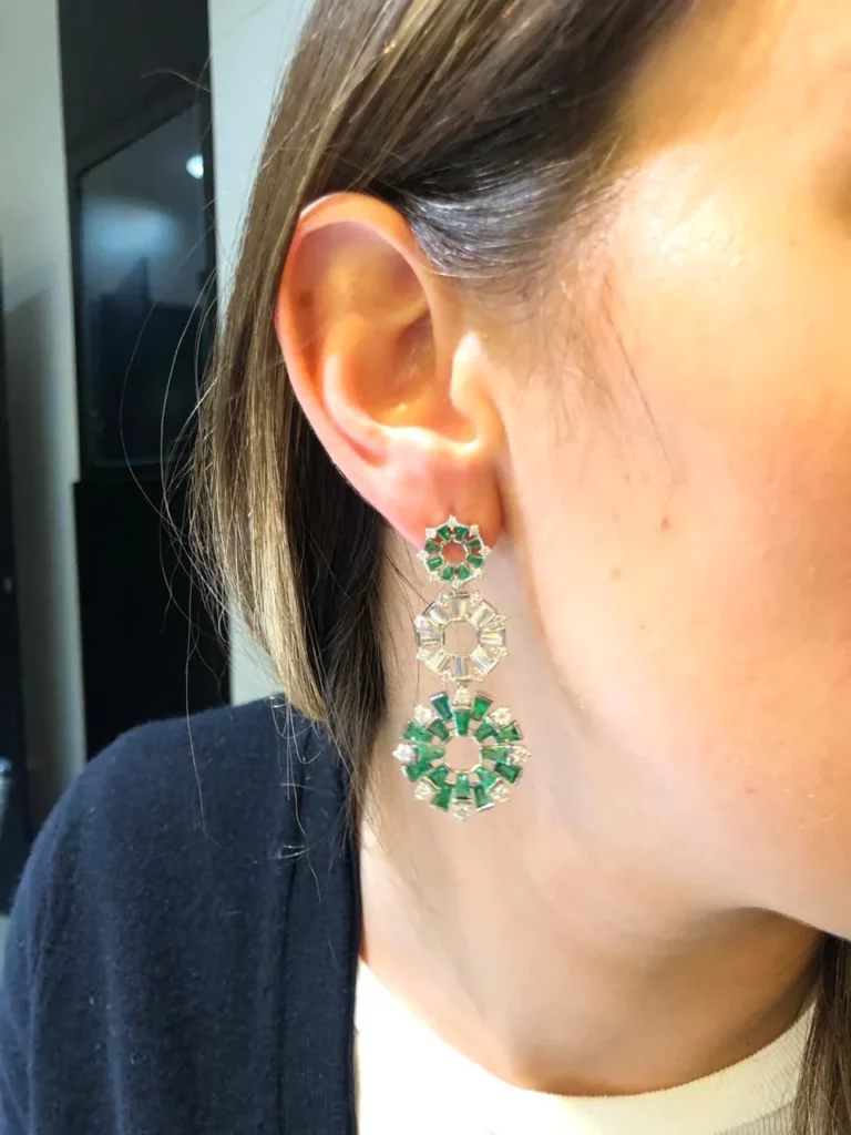Diamond and Emerald Silver Earrings
