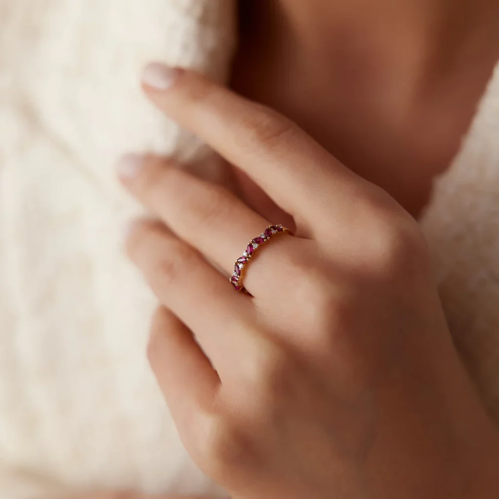 Slanted Ruby and Round Diamond Silver Ring