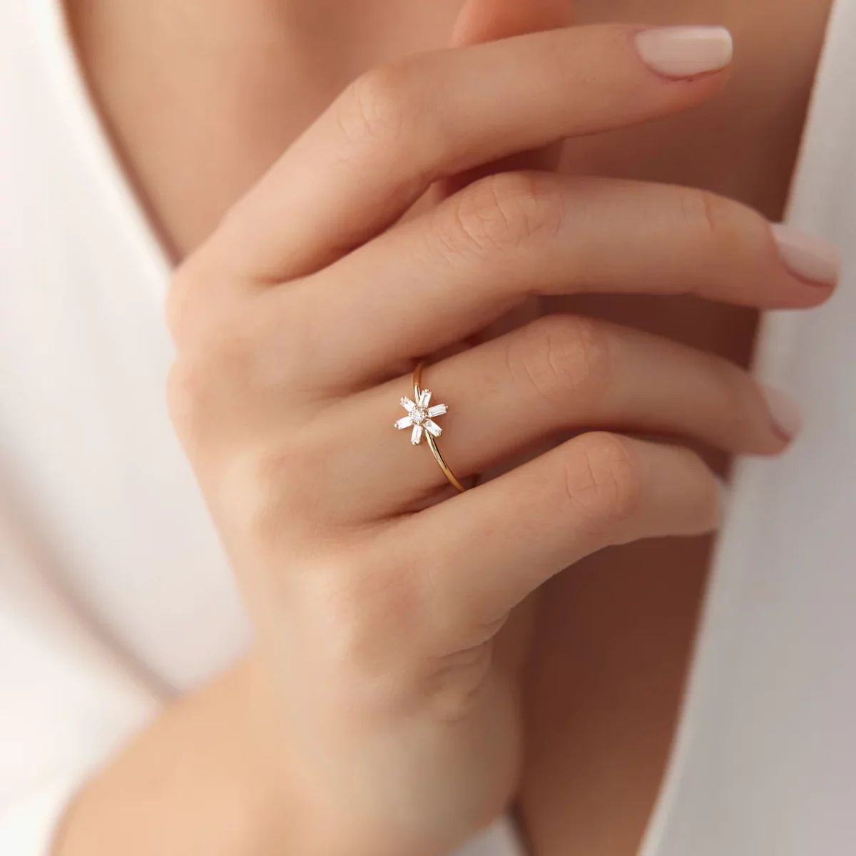 Swarish Jewels Baguette Diamond Flower Silver Ring