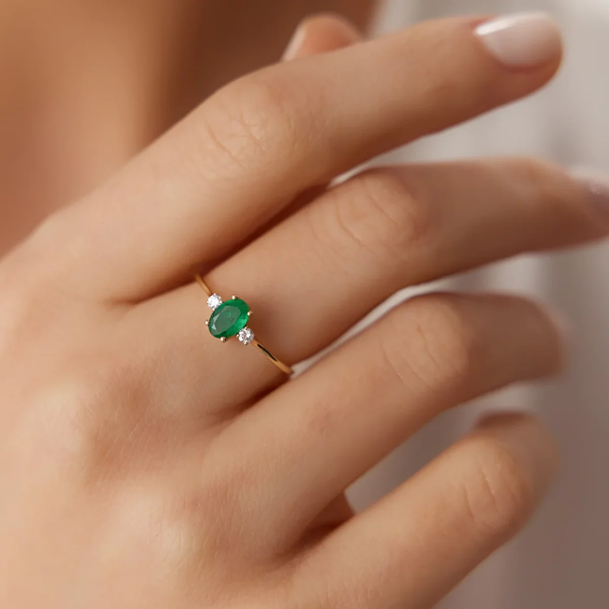 Oval Shape Emerald and Diamond 3 Stone Silver Ring