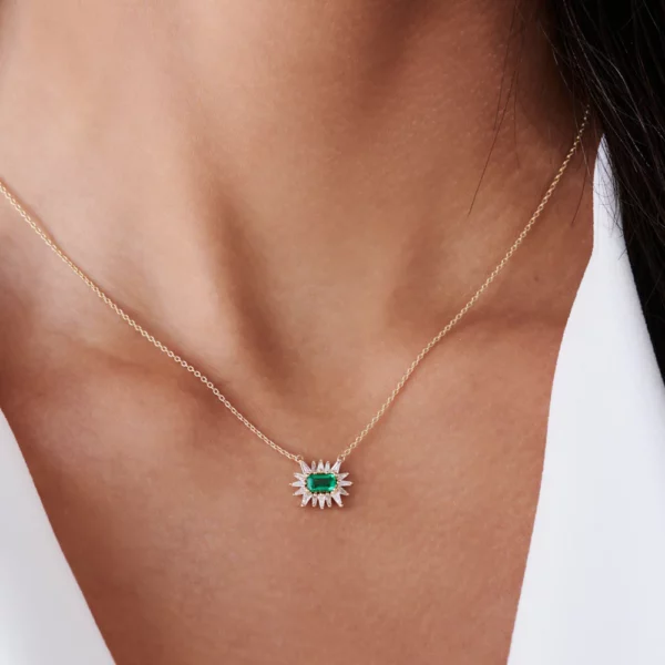 Tapered Baguette Diamond & Emerald Silver Necklace