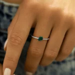 Slanted Pear Shape Emerald Silver Ring with Pave Diamonds