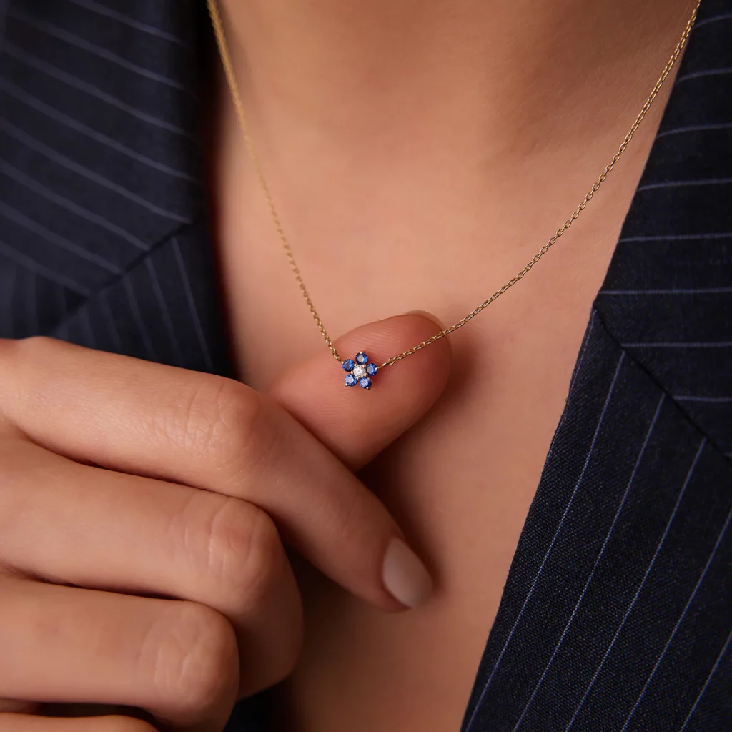 Lab Sapphire and CZ Diamond Flower Charm Silver Necklace