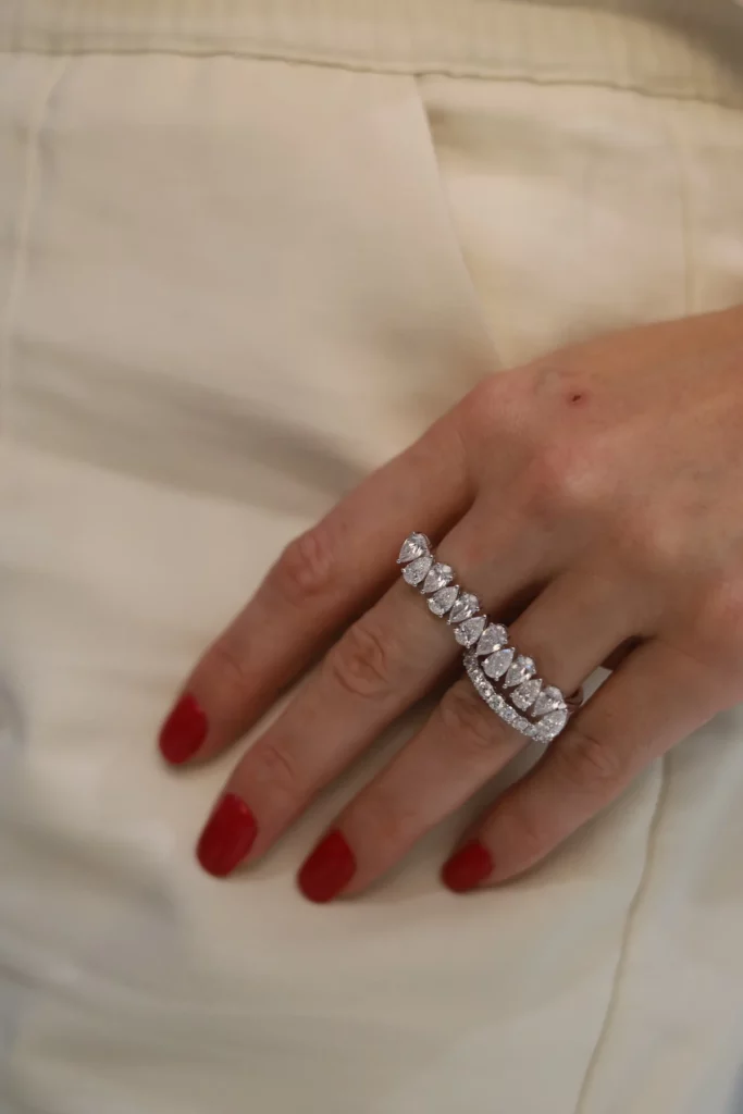 Two Finger Pearl Shape Silver Diamond Ring