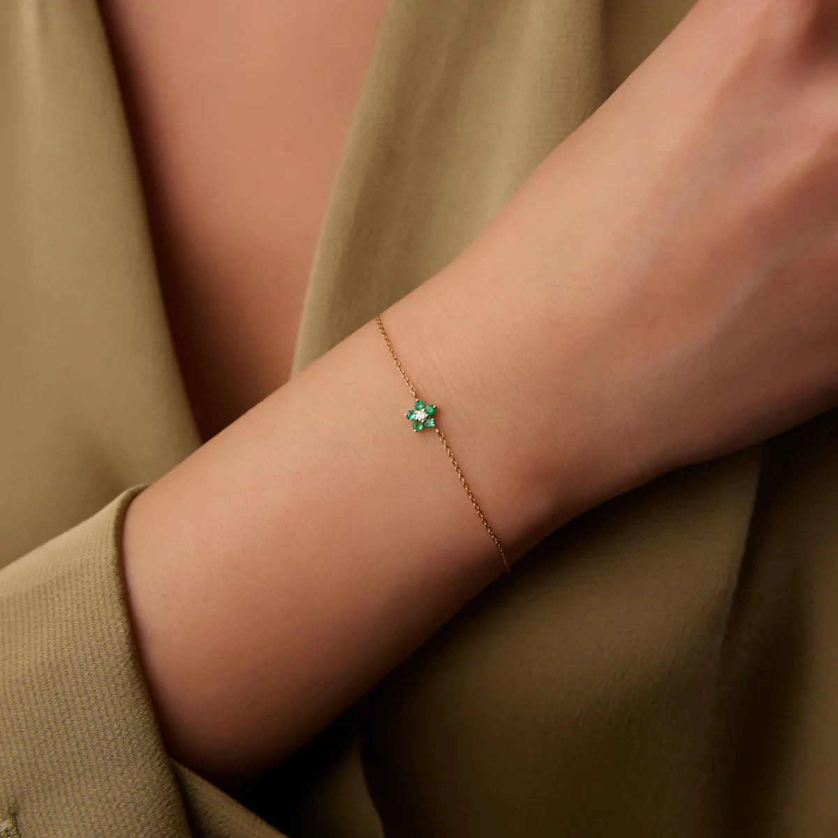 Lab Emerald and Cz Diamond Flower Charm Silver Bracelet