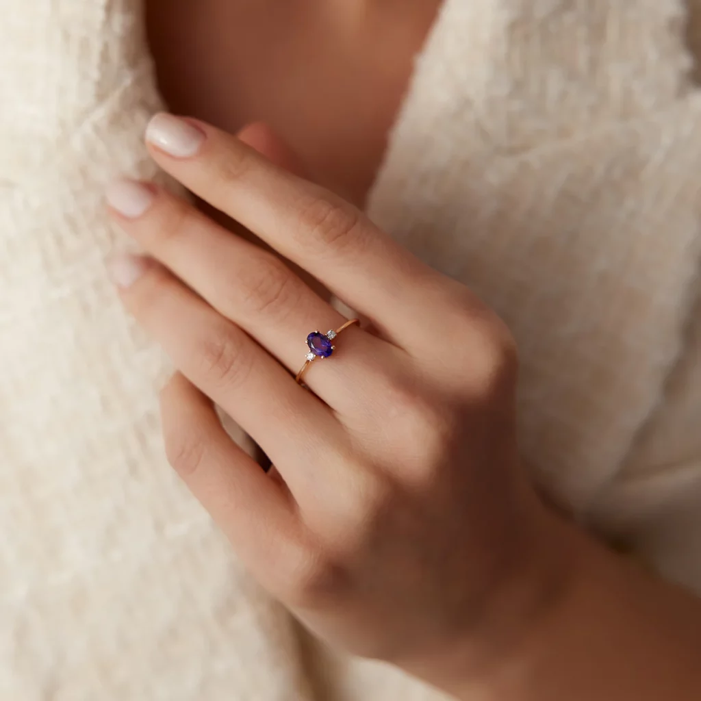 Oval Shape Amethyst and Diamond Silver Ring