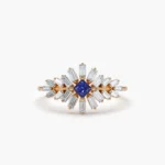 Baguette Diamond Silver Ring with Square Sapphire