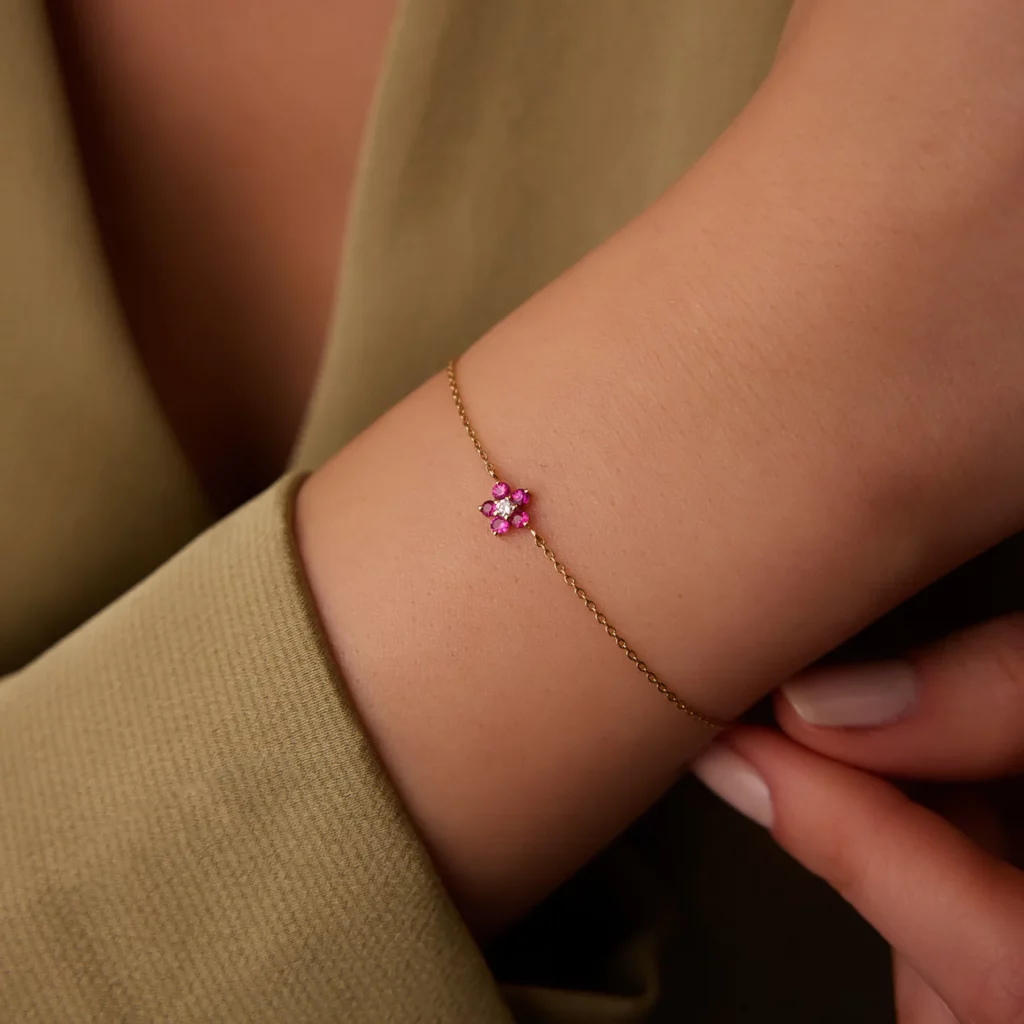 Lab Ruby and Cz Diamond Flower Charm Silver Bracelet