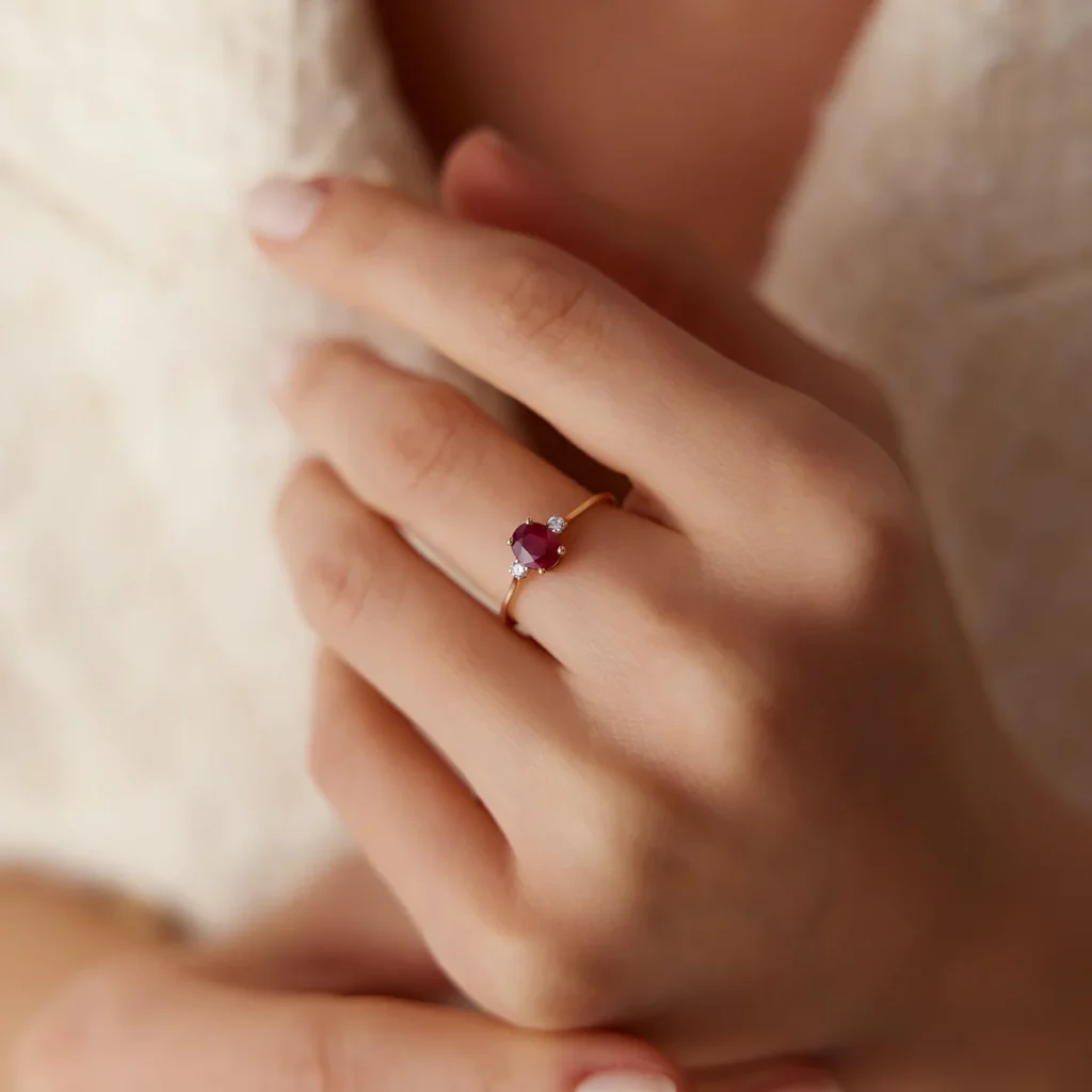 Oval Shape Ruby and Diamond 3 Stone Silver Ring