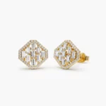 Baguette Diamond Silver Earrings in Halo Setting