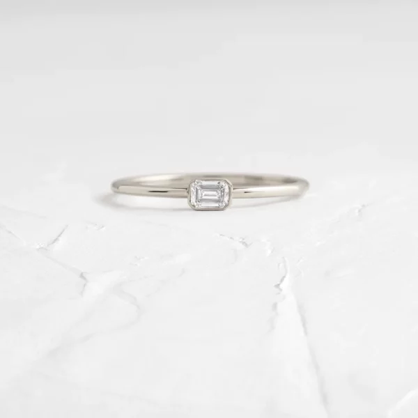 Bezel Stacking Silver Ring with Emerald Cut Diamond