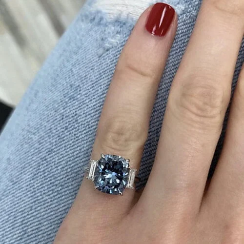 Blue Diamond Engagement Silver Ring