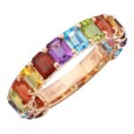 3/4 Gemstone Rainbow Silver Ring Petite Emerald Cut