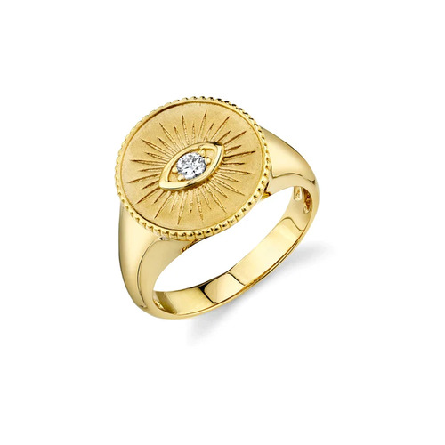 Swarish Jewels Gold & Diamond Marquise Evil Eye Coin Signet Silver Ring