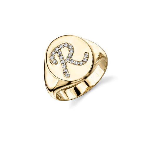 Gold & Pave Diamond Initial Signet Silver Rings