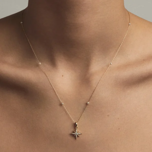 Floating Baby Pearl Chain with Medium Diamond Star Necklace