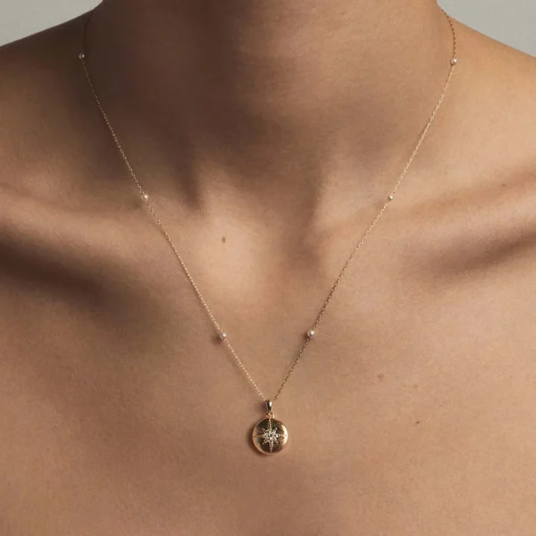 Floating Pearl Chain with Small Diamond Star Medallion Necklace
