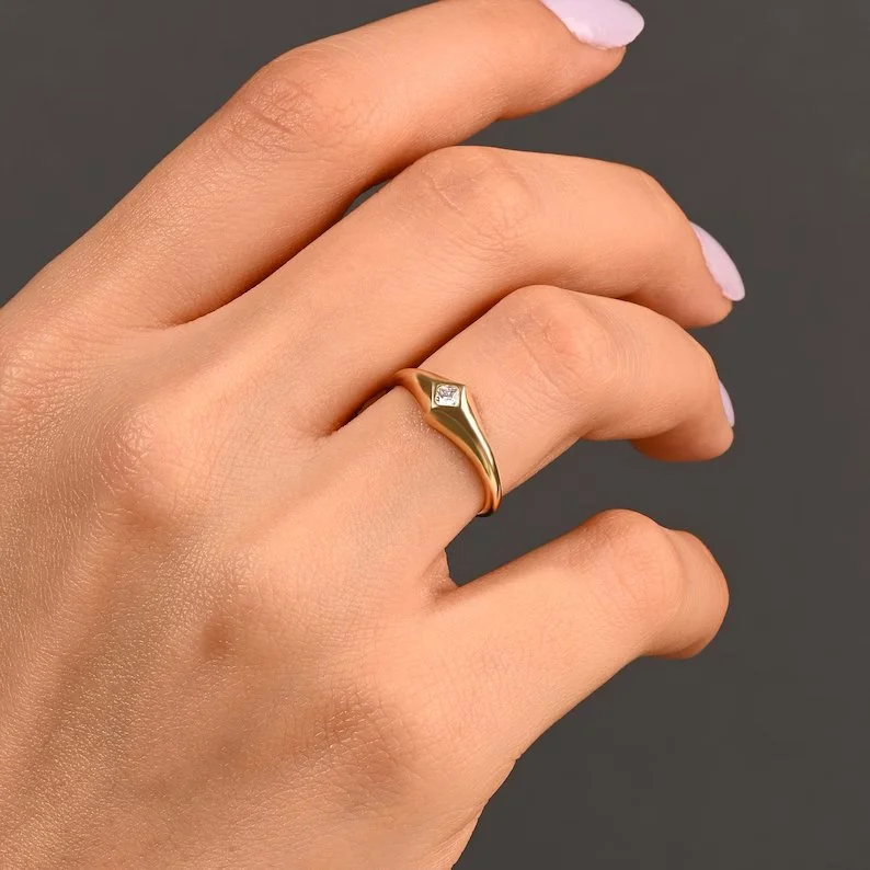 Swarish Jewels Bezel Rhombus Ring | Minimalist Signet Ring Women | Delicate Cz Pinky Ring | Tiny Seal Ring | Slim Signet Ring - Image 2