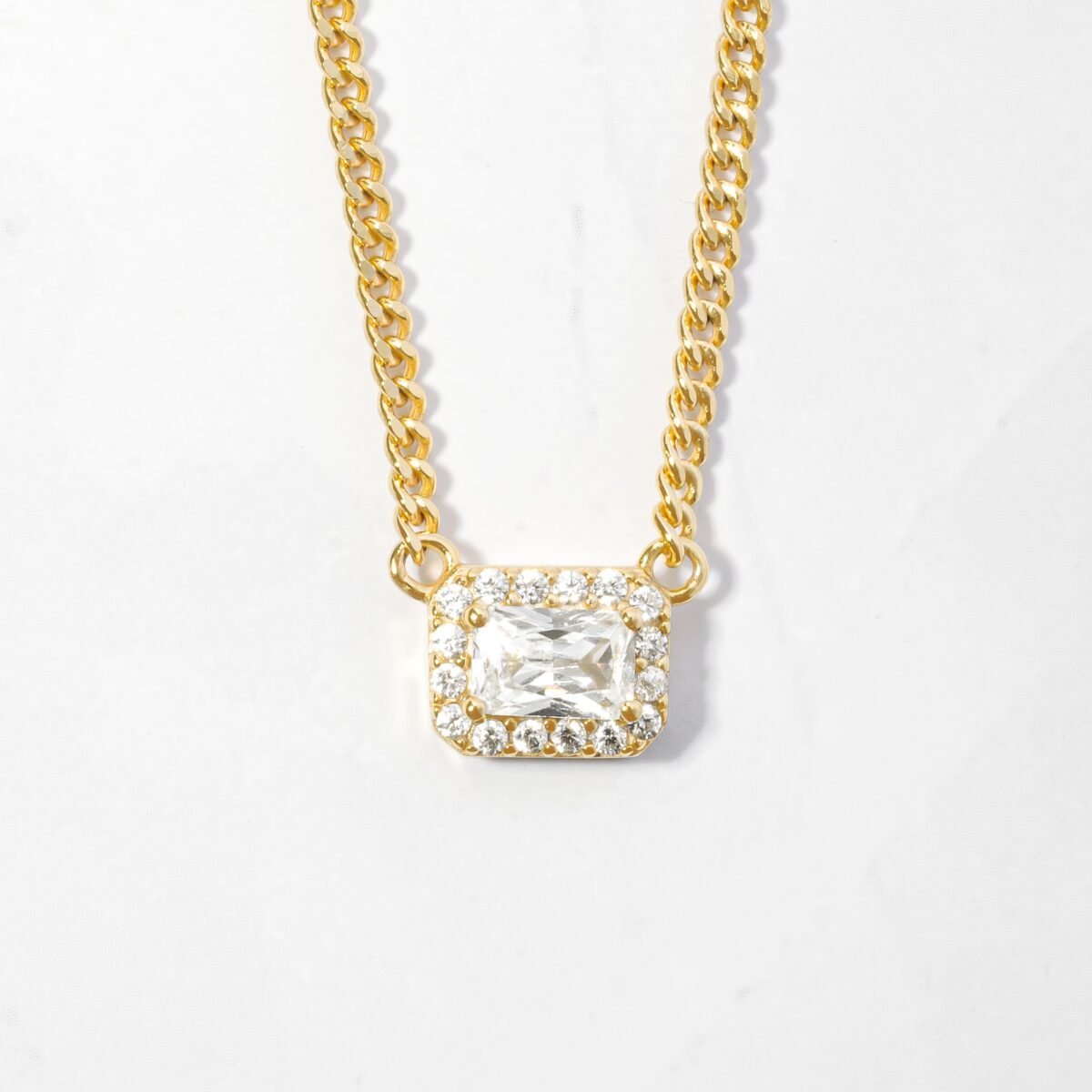 Halo Emerald Cut Necklace on Cuban Chain