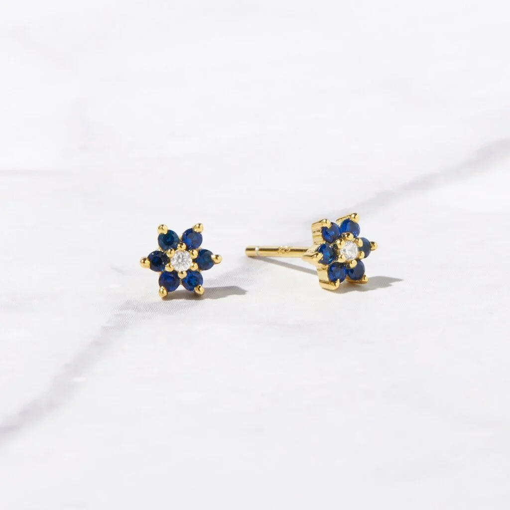 Sapphire Flower Stud W/ CZ Center